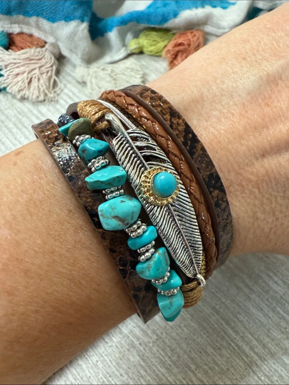 NWT Boho Turquoise Feather Multi-Layer Bracelet - Brown & Turquoise